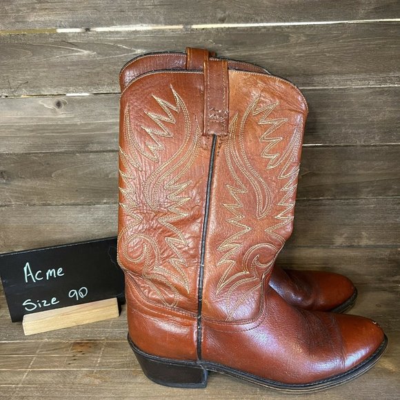 ACME Other - Mens Acme Brown Leather Round Toe Roper Western Cowboy Boots Size 9 D GUC